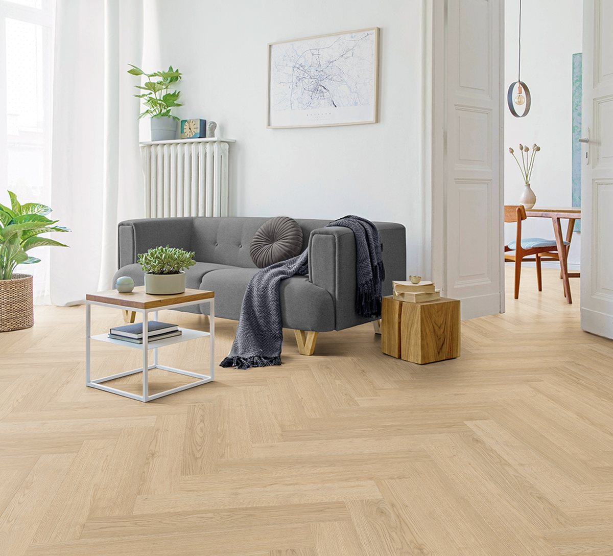 Visgraat, gelegd in een woonkamer