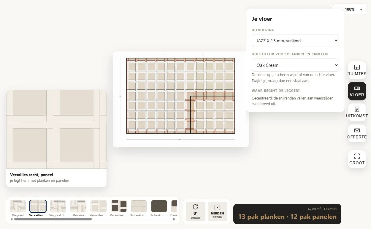 De vloerberekenaar met een Versailles-legging over een plattegrond en de uitkomst in pakken planken en panelen